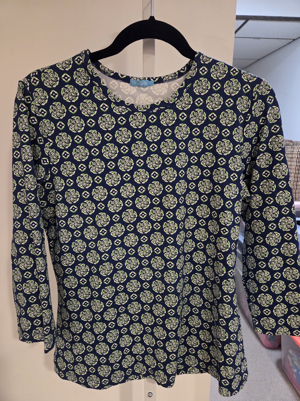J. McLaughlin Navy Long Sleeve Tee with Light Green Floral Medallions